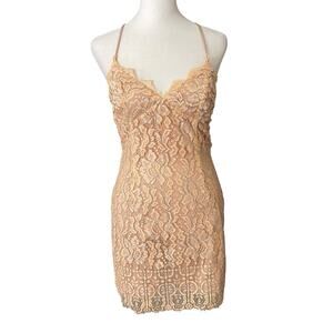 NBD Small Mini Dress Lace Vneck Open Back Peach Orange Sheath Cocktail